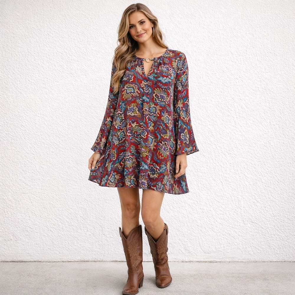 Umgee Trapeze Red Paisley Print Boho Swing Dress Large